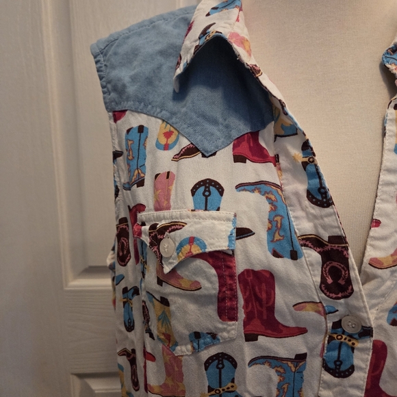 Women's Roper Top Sleeveless Blouse Country Western Cowboy Boots Large Rodeo - Picture 3 of 10